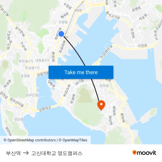 부산역 to 고신대학교 영도캠퍼스 map