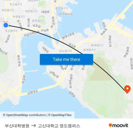 부산대학병원 to 고신대학교 영도캠퍼스 map