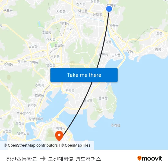 장산초등학교 to 고신대학교 영도캠퍼스 map