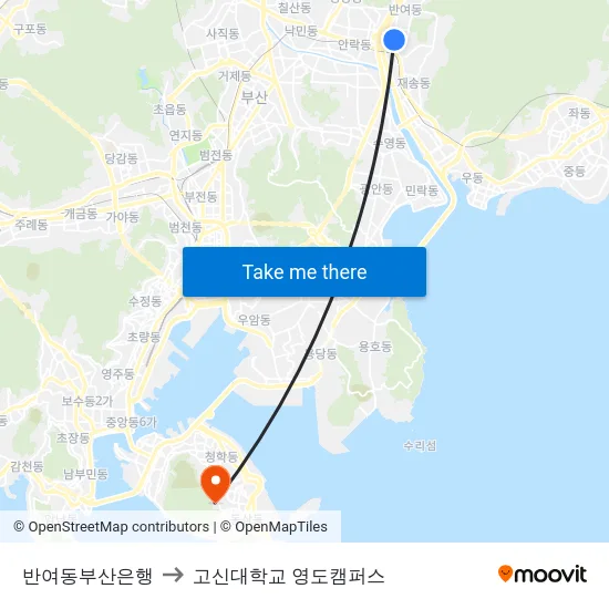 반여동부산은행 to 고신대학교 영도캠퍼스 map