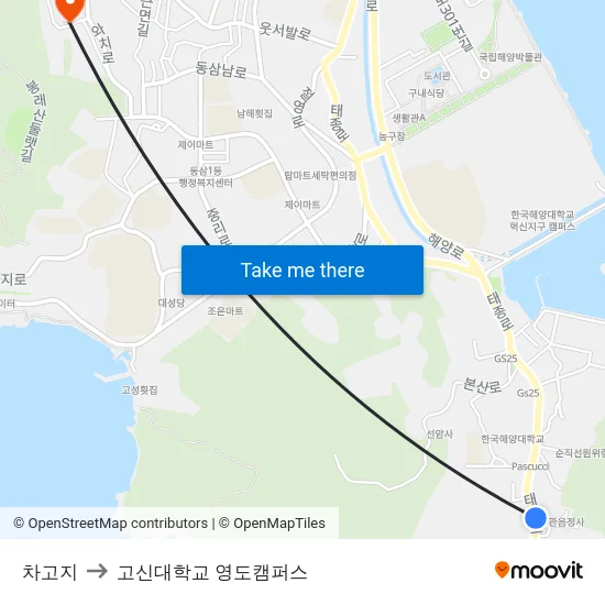 차고지 to 고신대학교 영도캠퍼스 map