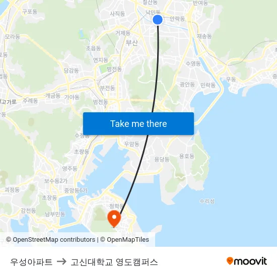 우성아파트 to 고신대학교 영도캠퍼스 map