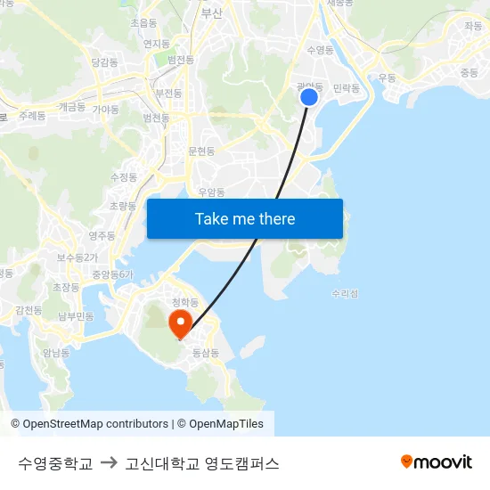 수영중학교 to 고신대학교 영도캠퍼스 map