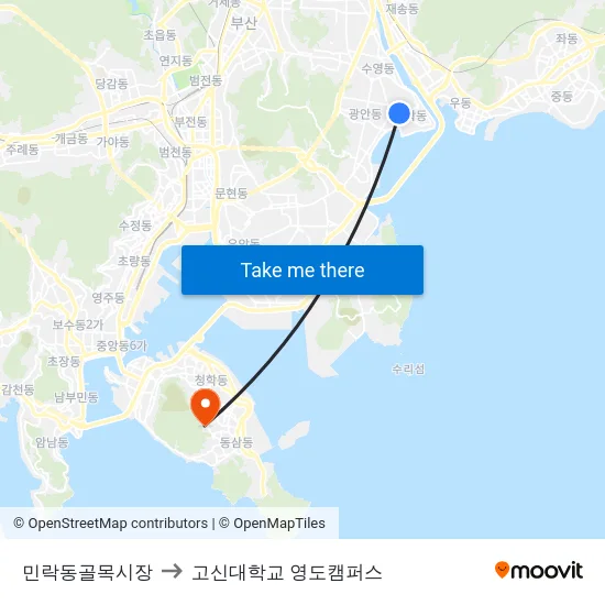 민락동골목시장 to 고신대학교 영도캠퍼스 map