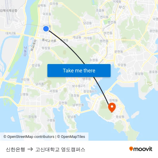 신한은행 to 고신대학교 영도캠퍼스 map