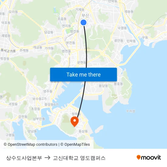 상수도사업본부 to 고신대학교 영도캠퍼스 map