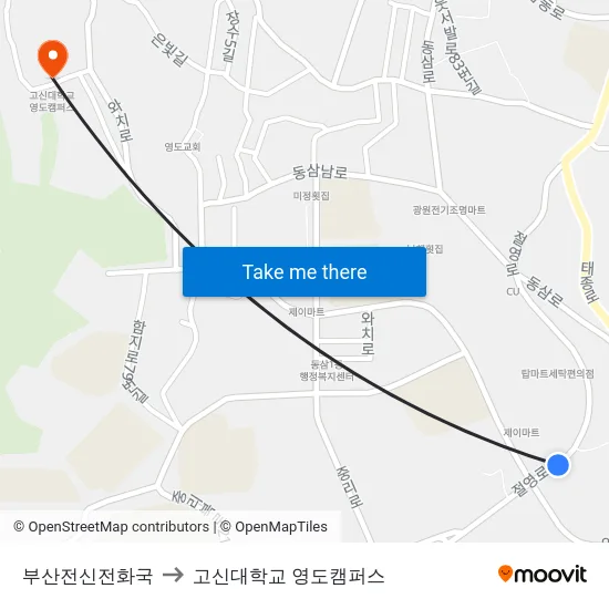 부산전신전화국 to 고신대학교 영도캠퍼스 map