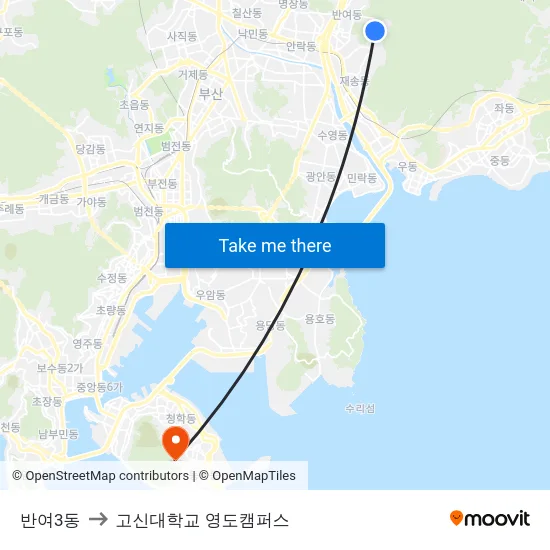반여3동 to 고신대학교 영도캠퍼스 map