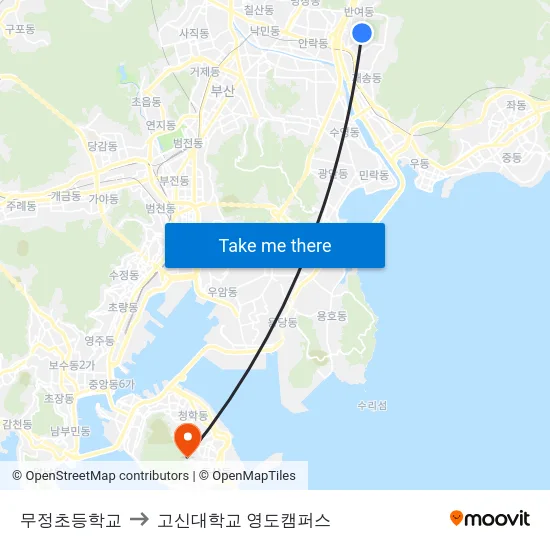무정초등학교 to 고신대학교 영도캠퍼스 map