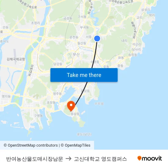 반여농산물도매시장남문 to 고신대학교 영도캠퍼스 map