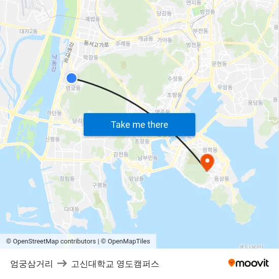 엄궁삼거리 to 고신대학교 영도캠퍼스 map