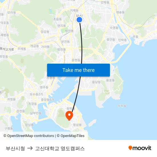 부산시청 to 고신대학교 영도캠퍼스 map