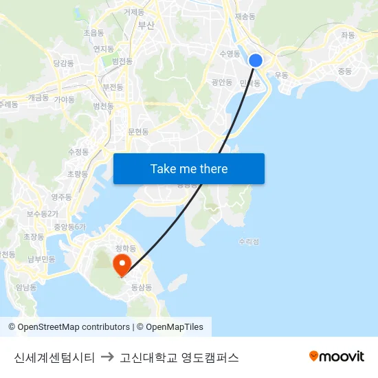 신세계센텀시티 to 고신대학교 영도캠퍼스 map
