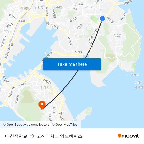 대천중학교 to 고신대학교 영도캠퍼스 map