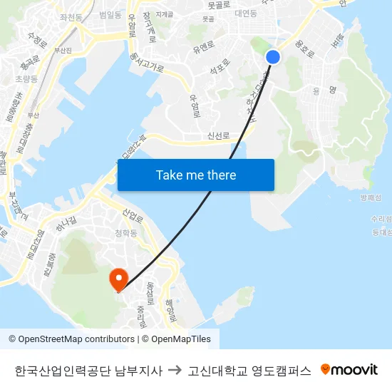 한국산업인력공단 남부지사 to 고신대학교 영도캠퍼스 map