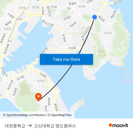 대천중학교 to 고신대학교 영도캠퍼스 map