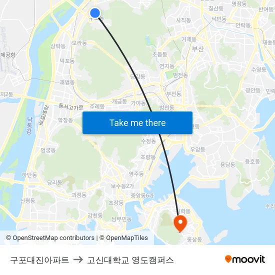 구포대진아파트 to 고신대학교 영도캠퍼스 map
