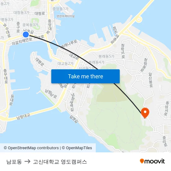 남포동 to 고신대학교 영도캠퍼스 map