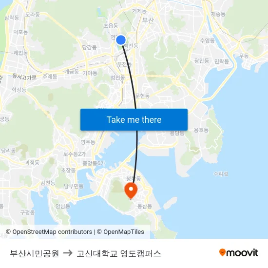 부산시민공원 to 고신대학교 영도캠퍼스 map
