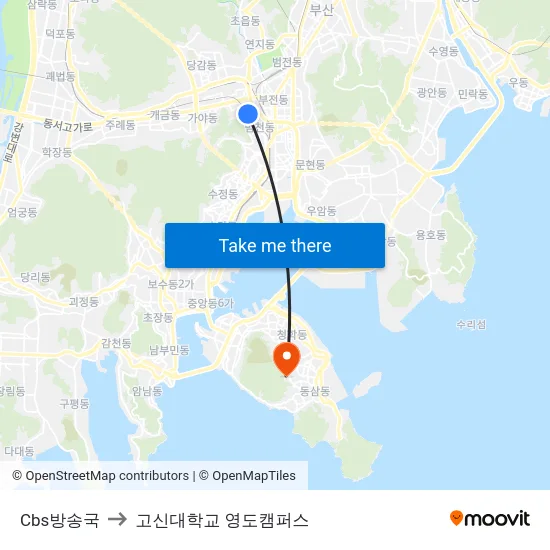 Cbs방송국 to 고신대학교 영도캠퍼스 map