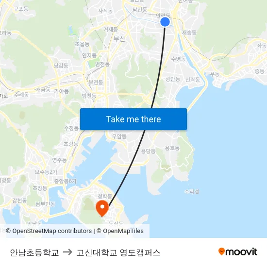 안남초등학교 to 고신대학교 영도캠퍼스 map