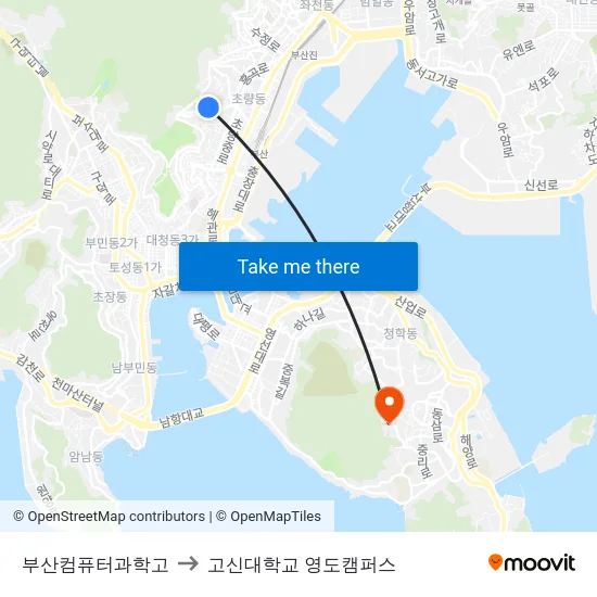 부산컴퓨터과학고 to 고신대학교 영도캠퍼스 map