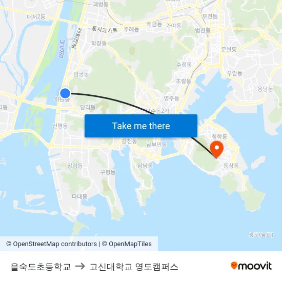 을숙도초등학교 to 고신대학교 영도캠퍼스 map