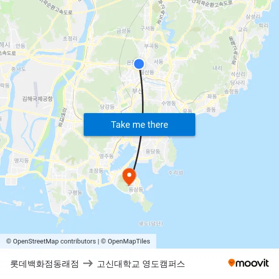 롯데백화점동래점 to 고신대학교 영도캠퍼스 map
