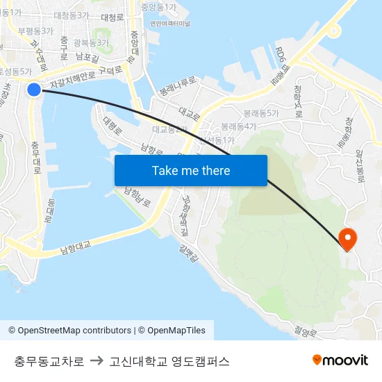 충무동교차로 to 고신대학교 영도캠퍼스 map