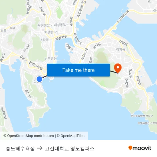 송도해수욕장 to 고신대학교 영도캠퍼스 map