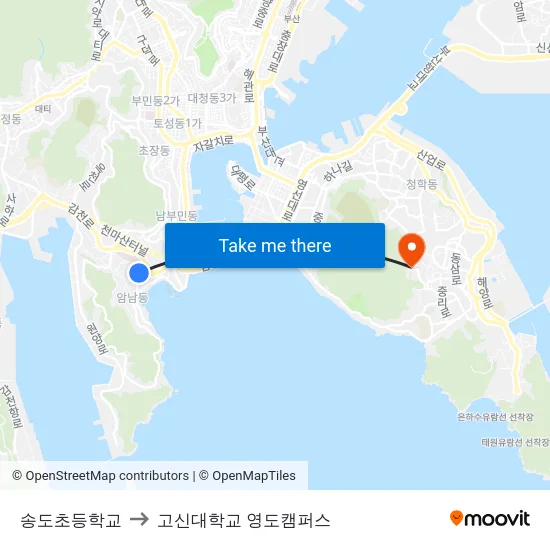 송도초등학교 to 고신대학교 영도캠퍼스 map