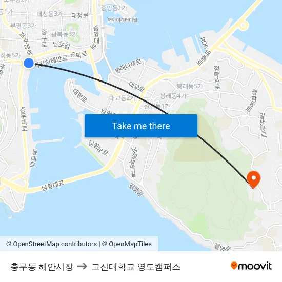 충무동 해안시장 to 고신대학교 영도캠퍼스 map