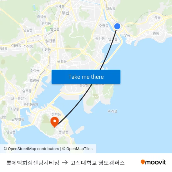 롯데백화점센텀시티점 to 고신대학교 영도캠퍼스 map