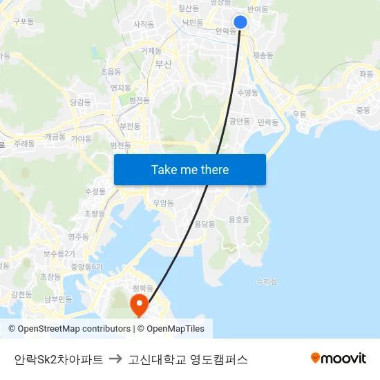 안락Sk2차아파트 to 고신대학교 영도캠퍼스 map