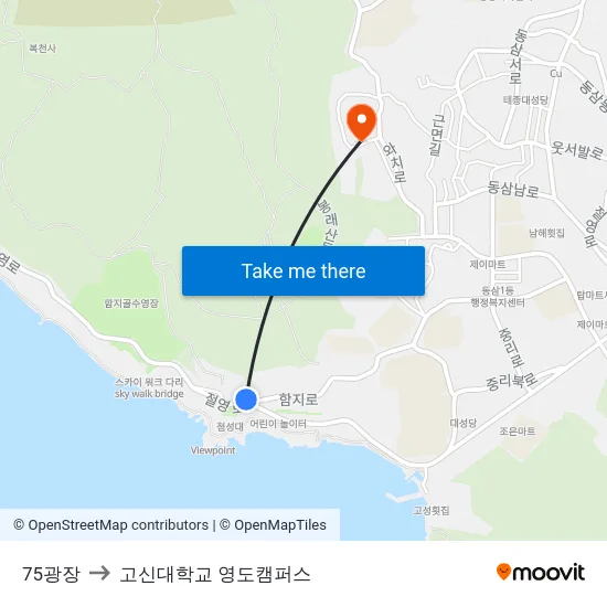 75광장 to 고신대학교 영도캠퍼스 map