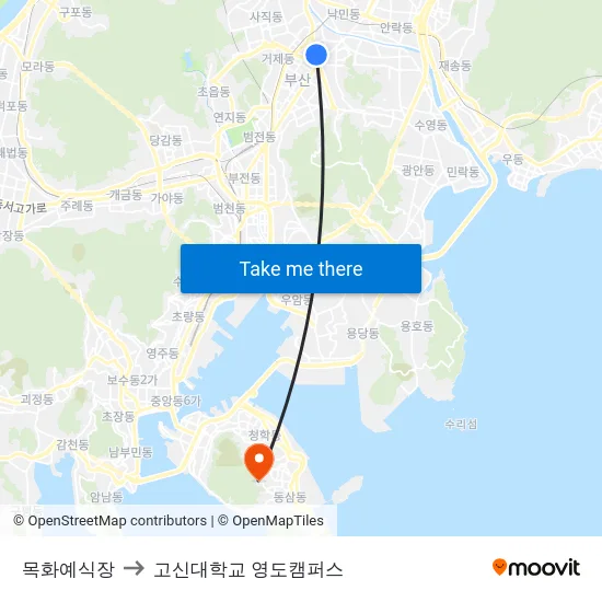 목화예식장 to 고신대학교 영도캠퍼스 map