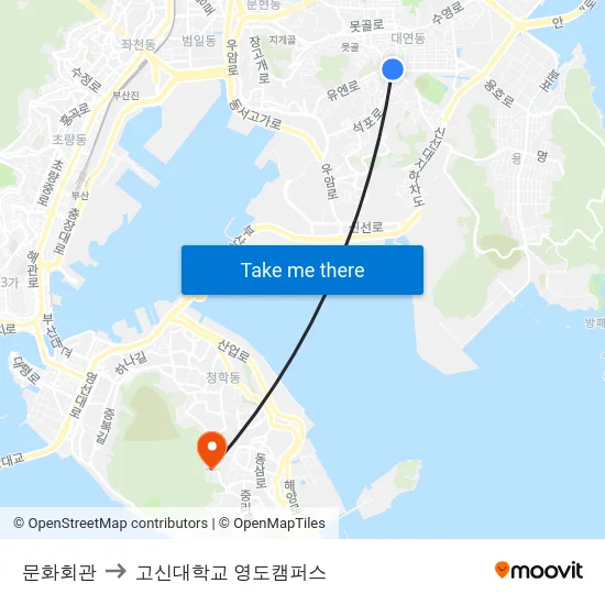 문화회관 to 고신대학교 영도캠퍼스 map