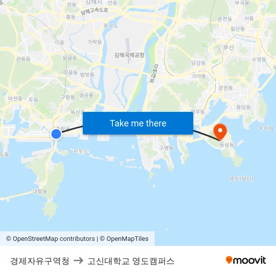경제자유구역청 to 고신대학교 영도캠퍼스 map