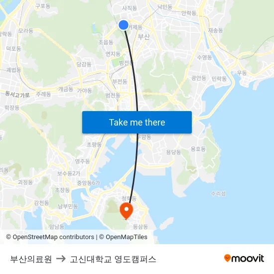 부산의료원 to 고신대학교 영도캠퍼스 map