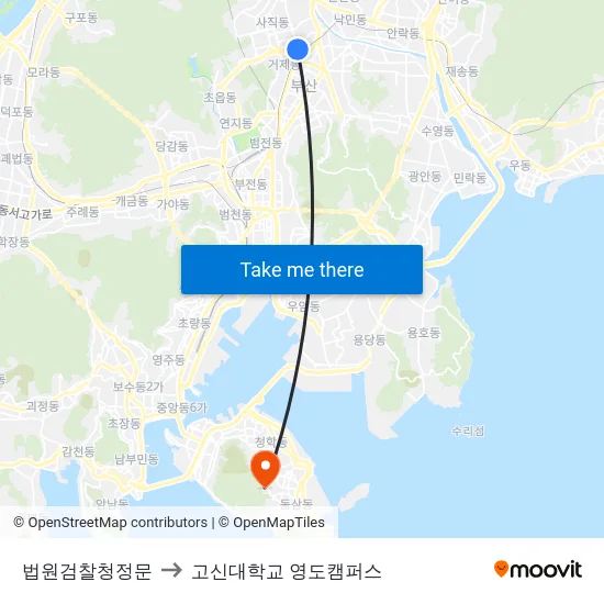 법원검찰청정문 to 고신대학교 영도캠퍼스 map