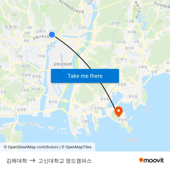 김해대학 to 고신대학교 영도캠퍼스 map