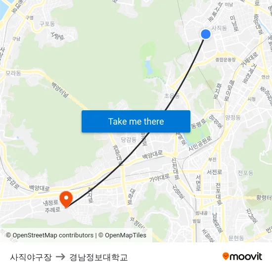 사직야구장 to 경남정보대학교 map