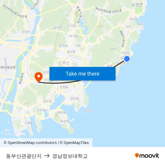 동부산관광단지 to 경남정보대학교 map