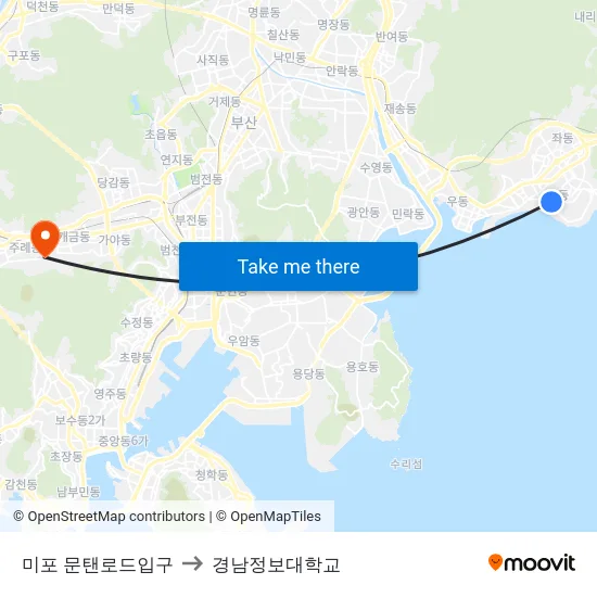 미포 문탠로드입구 to 경남정보대학교 map