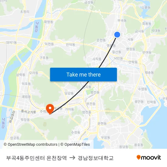 부곡4동주민센터 온천장역 to 경남정보대학교 map