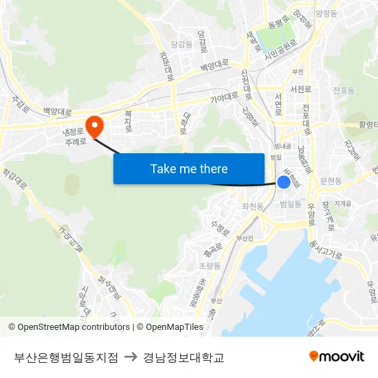 부산은행범일동지점 to 경남정보대학교 map
