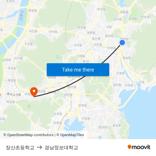 장산초등학교 to 경남정보대학교 map