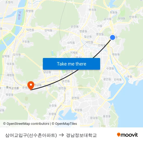 삼어교입구(선수촌아파트) to 경남정보대학교 map