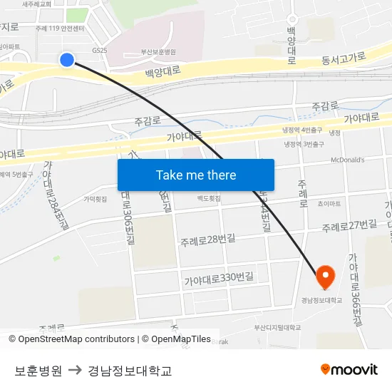 보훈병원 to 경남정보대학교 map