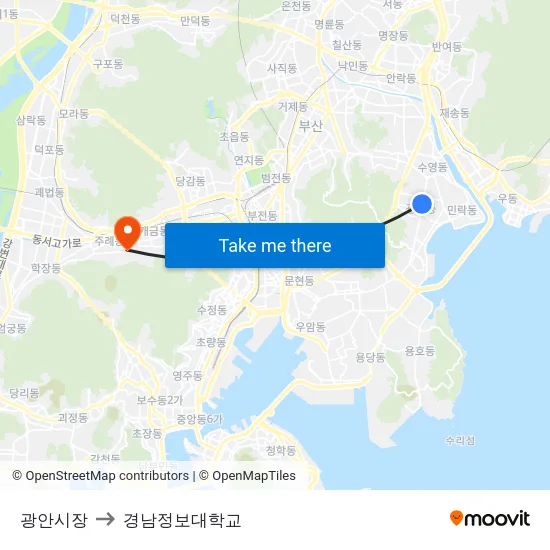 광안시장 to 경남정보대학교 map